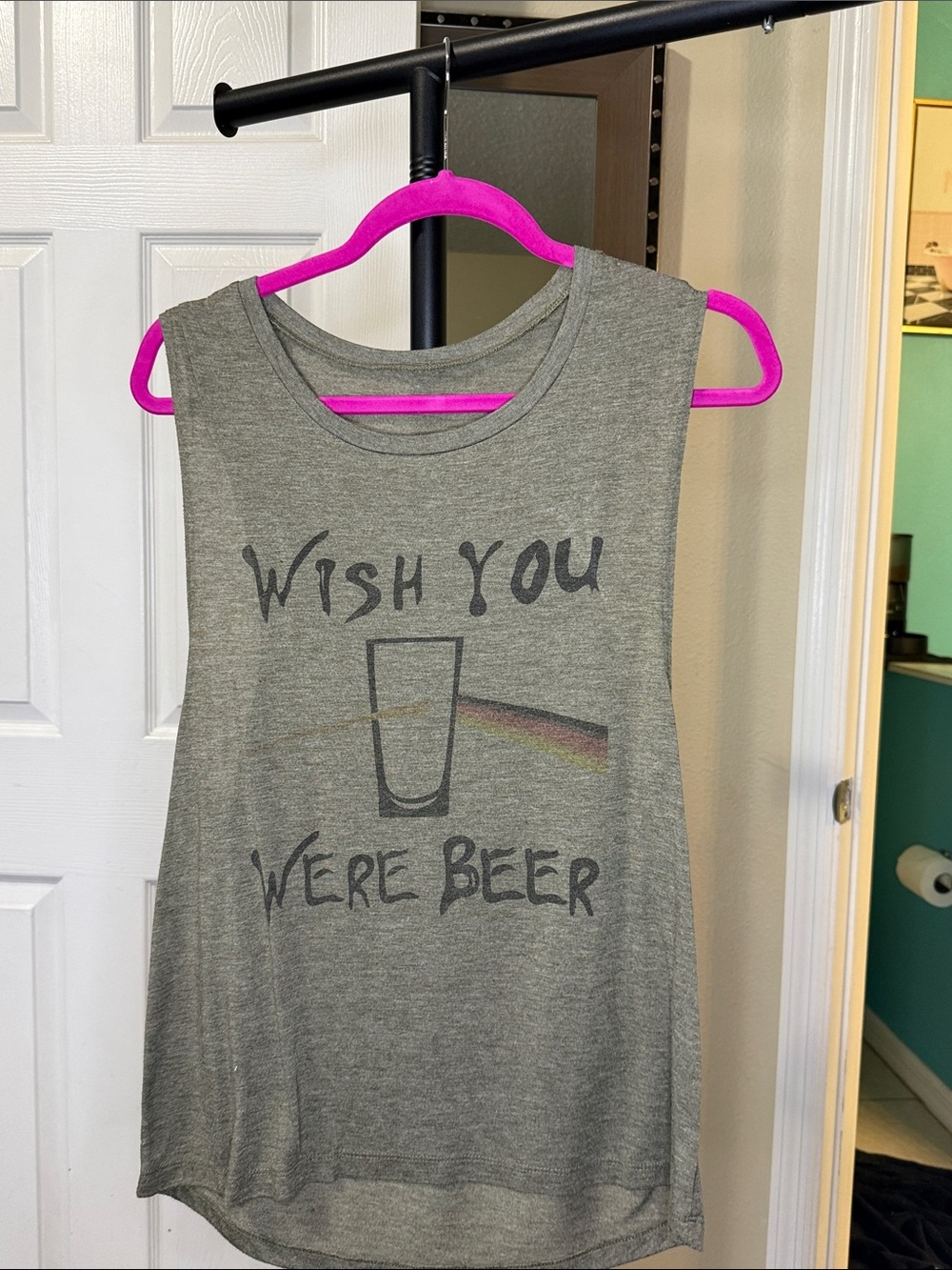 Gray Sleeveless Graphic Tank - "Wish You Were Beer"